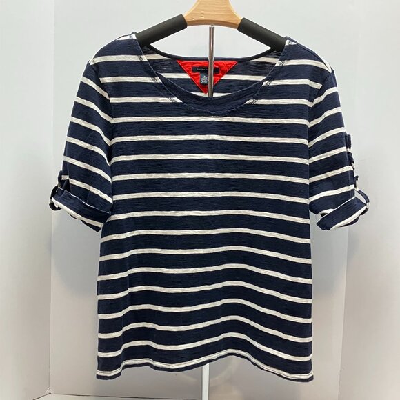 VTG Tommy Hilfiger Womens Navy White Striped Roll Tab Short Sleeve Top Size XL - Picture 1 of 6